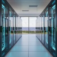 Aisle of liquid-cooled server racks glowing cyan in a modern data center, with faint reflections of wind turbines and solar panels indicating renewable energy use.