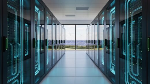 Aisle of liquid-cooled server racks glowing cyan in a modern data center, with faint reflections of wind turbines and solar panels indicating renewable energy use.