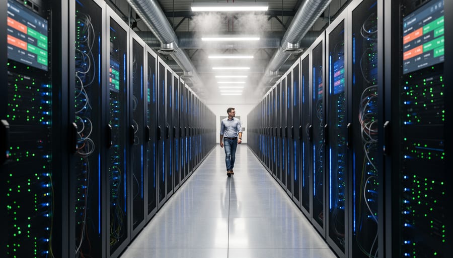 Interior view of data center server room with illuminated server racks