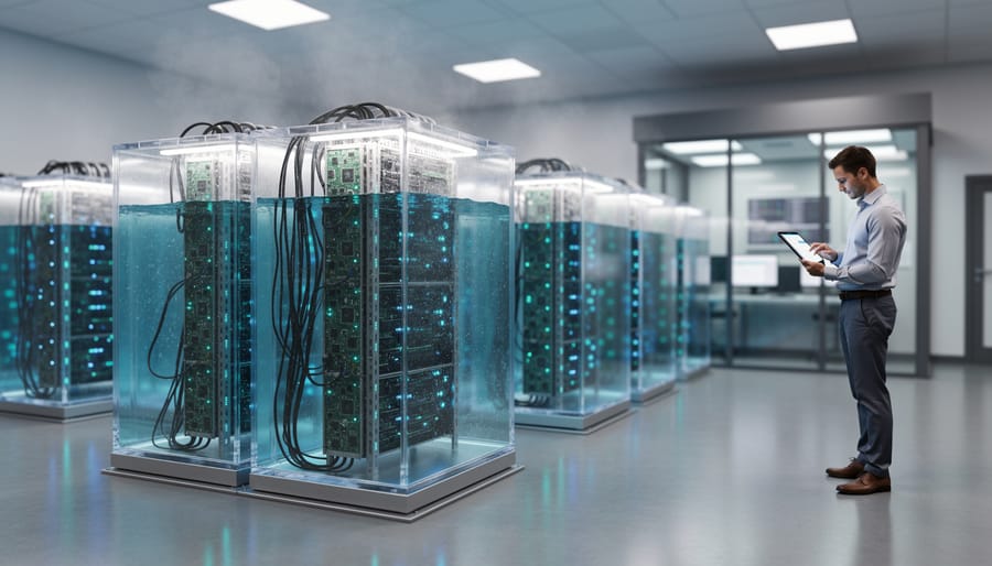 Server component submerged in liquid cooling fluid showing advanced cooling technology