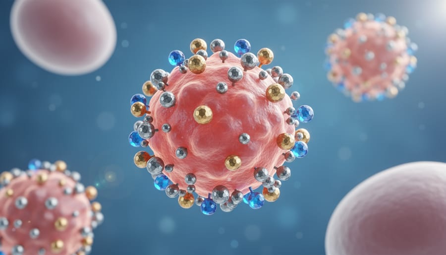 Microscopic view of gold nanoparticles surrounding a cancer cell