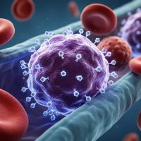 Close-up inside a blood vessel showing glowing nanoparticles attaching to a cancer cell while red blood cells and other healthy cells remain softly blurred in the background, lit with dramatic side light in cool blue-purple tones.