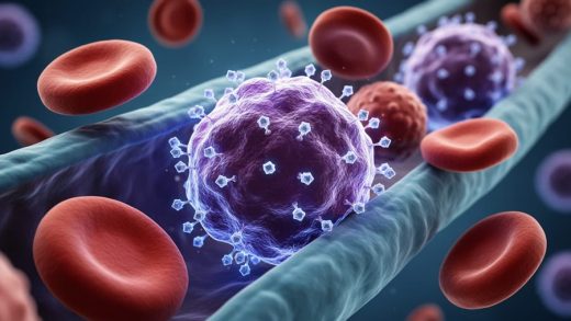 Close-up inside a blood vessel showing glowing nanoparticles attaching to a cancer cell while red blood cells and other healthy cells remain softly blurred in the background, lit with dramatic side light in cool blue-purple tones.