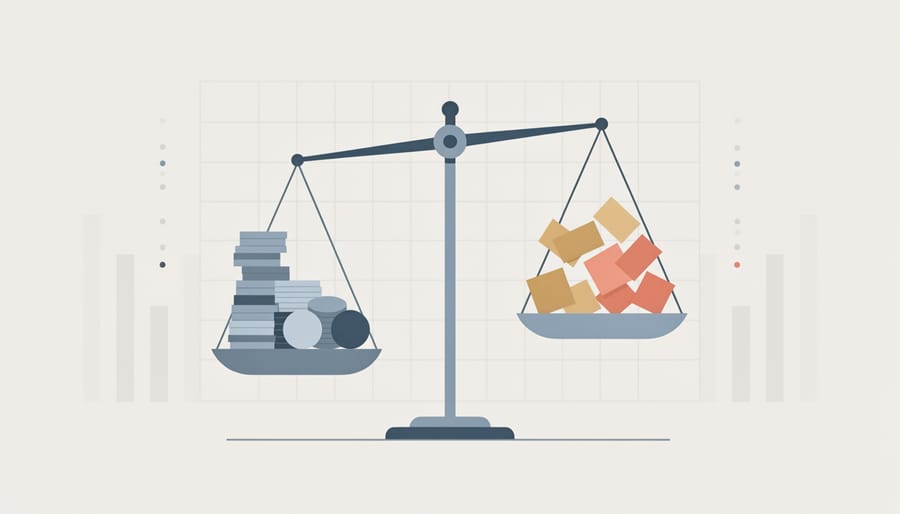 Metal balance scales with a bundle of documents and a reflective mirror representing evaluation of research evidence.
