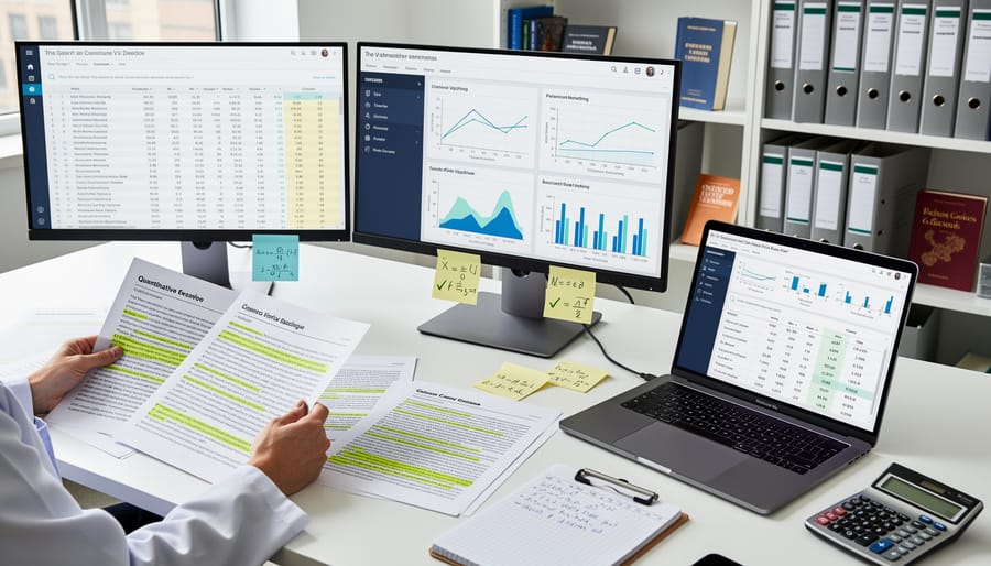 Open laptop and printed research papers on a clean desk with a calculator, suggesting evaluation of quantitative studies.