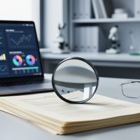 “Magnifying glass over a stack of quantitative research papers on a desk, with a laptop and researcher items in a softly lit office background.”
