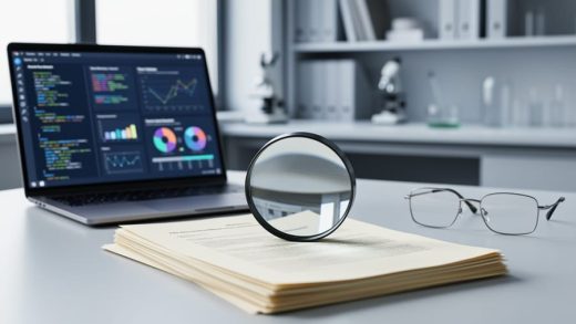 “Magnifying glass over a stack of quantitative research papers on a desk, with a laptop and researcher items in a softly lit office background.”