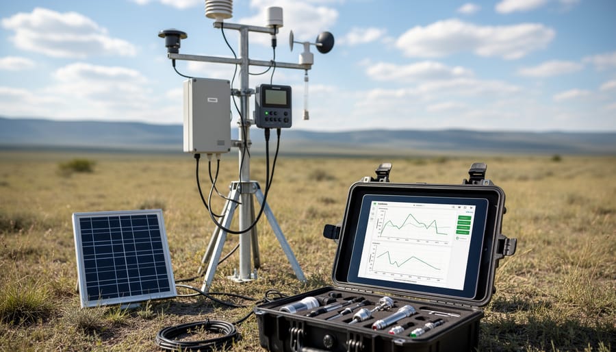 Weather and field monitoring sensors mounted near a small instrument shelter in a grassy environment.