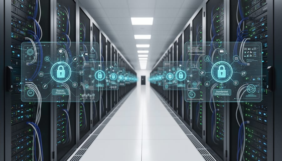 Server rack with network cables and glowing indicator lights in a data center