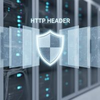 Realistic server-room scene with a glowing security hologram representing HTTP header-based content classification and protections.