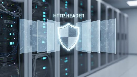 Realistic server-room scene with a glowing security hologram representing HTTP header-based content classification and protections.
