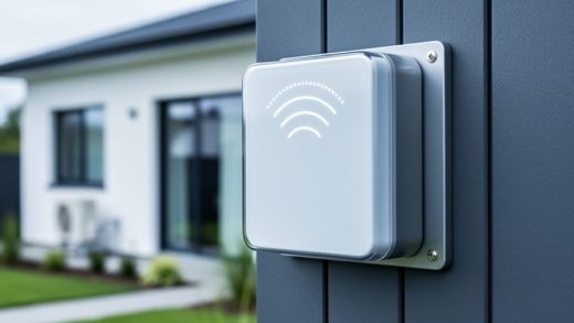 Close-up of a smart utility electricity meter installed on a home exterior with subtle illuminated indicator points suggesting wireless data transmission