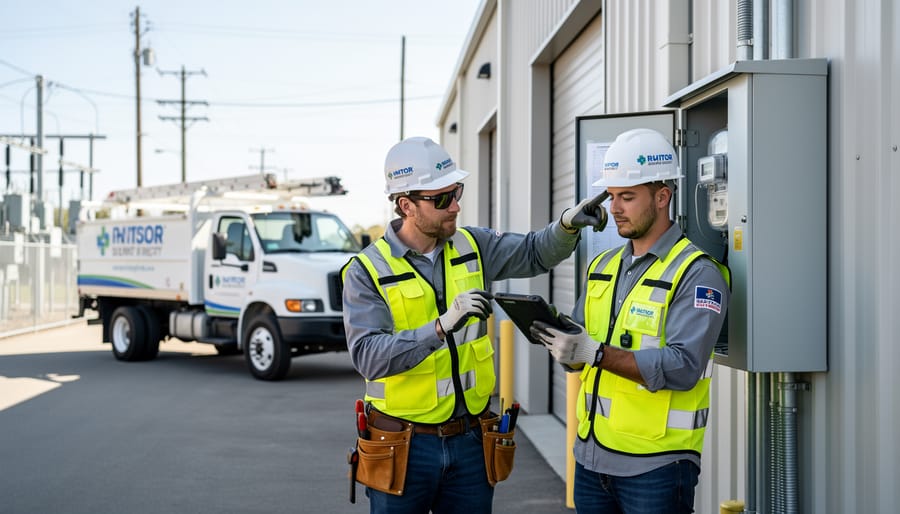 Utility technician holding a handheld device near a bank of smart meters