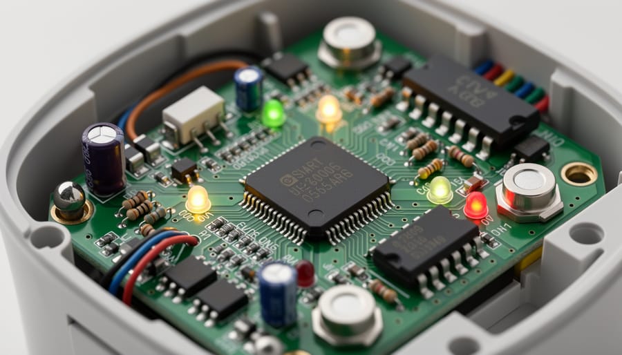 Close-up view of a smart meter’s interior circuit board and communication components