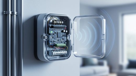 Close-up of a smart meter with its interior circuit board and sensors visible, suggesting wireless communication for tracking home energy use.