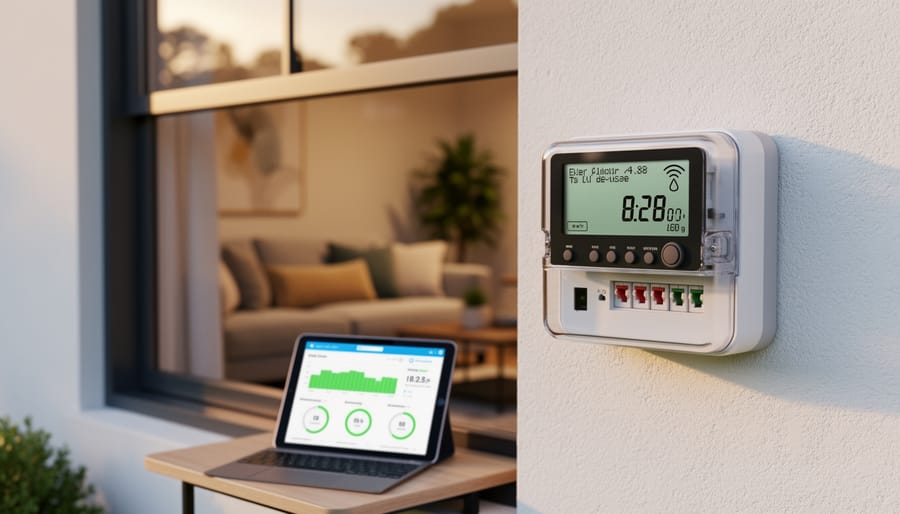 Modern smart electric meter box mounted on the exterior wall of a house
