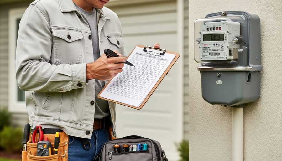 Homeowner holding a flashlight and smartphone indoors while preparing to check electricity usage data