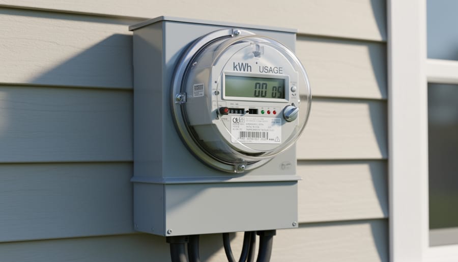 Residential outdoor smart electricity meter inside a weatherproof meter box on a house exterior