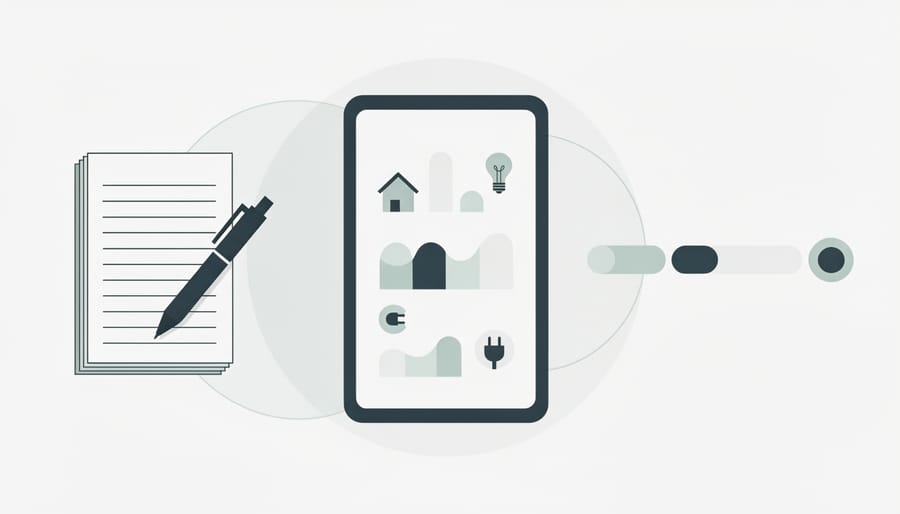 Hand writing on a clipboard while using a tablet nearby to review household energy usage information